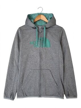 The North Face Gray Hoodie Womens L - Teal Logo - Zip Up - Kangaroo Pockets